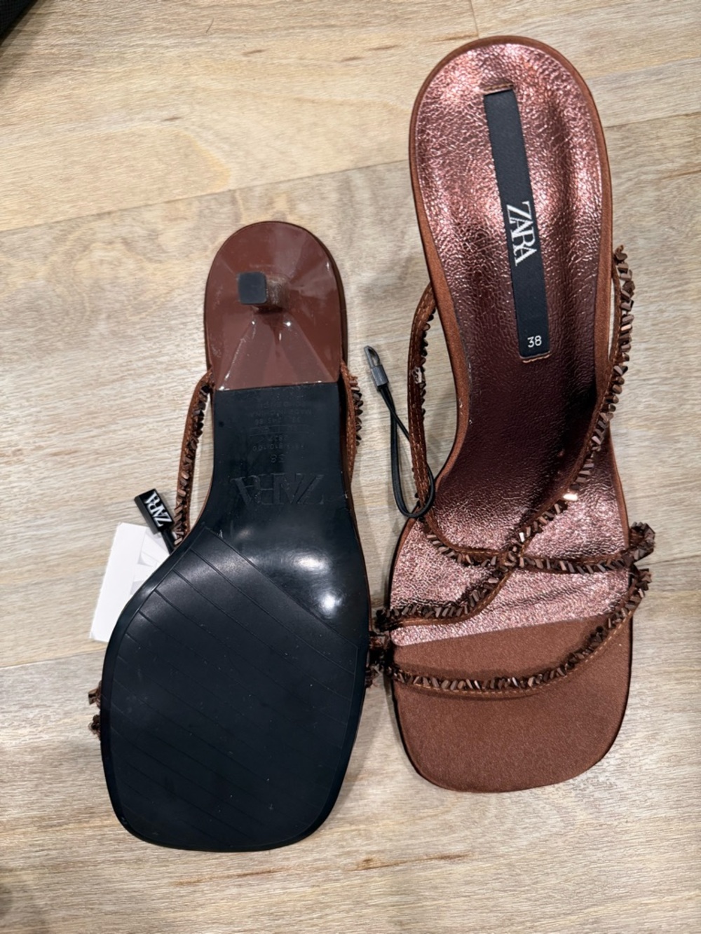 Zara Metallic Copper Brown Braided Strap Heeled Slides - Picture 2 of 4